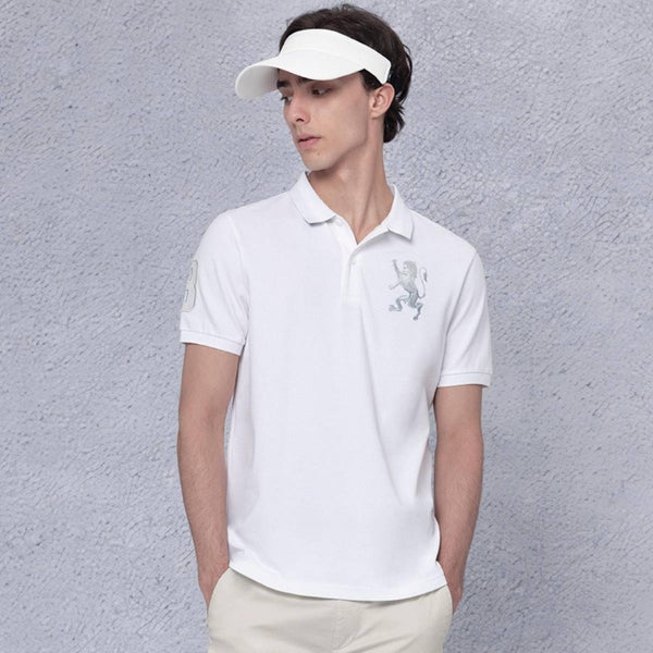 Cotton/Lycra Pique Flat Knitted Collar Short Sleeve Slim Embroidery Lion Polo
