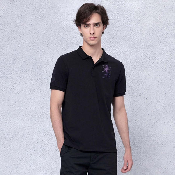 Cotton/Lycra Pique Flat Knitted Collar Short Sleeve Slim Embroidery Lion Polo