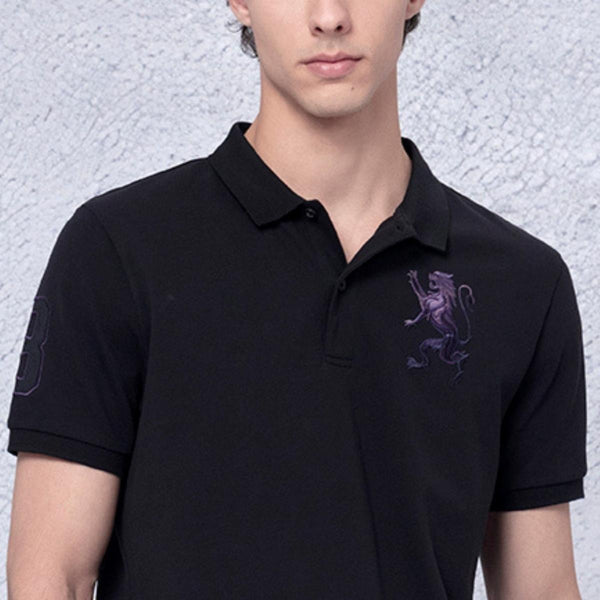Cotton/Lycra Pique Flat Knitted Collar Short Sleeve Slim Embroidery Lion Polo