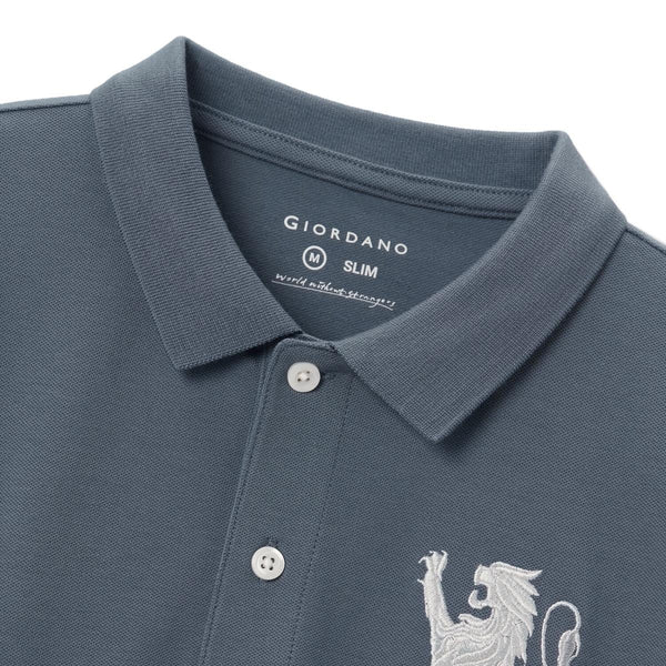 Cotton/Lycra Pique Flat Knitted Collar Short Sleeve Slim Embroidery Lion Polo