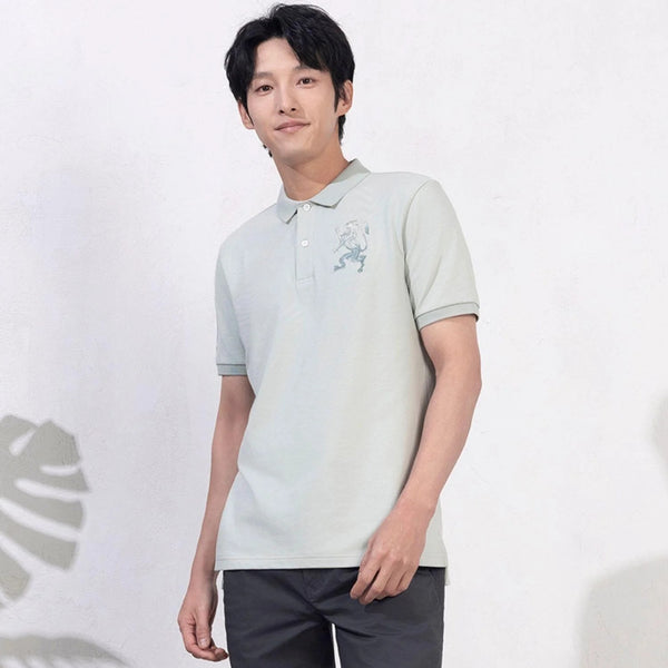 Cotton/Lycra Pique Flat Knitted Collar Short Sleeve Slim Embroidery Lion Polo