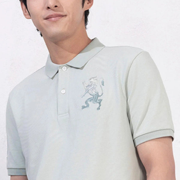 Cotton/Lycra Pique Flat Knitted Collar Short Sleeve Slim Embroidery Lion Polo