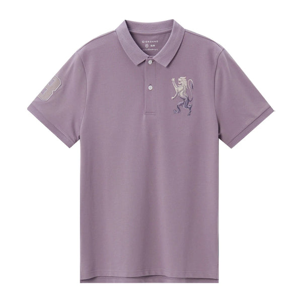 Cotton/Lycra Pique Flat Knitted Collar Short Sleeve Slim Embroidery Lion Polo