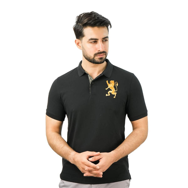 Cotton/Lycra Pique Flat Knitted Collar Short Sleeve Slim Embroidery Lion Polo