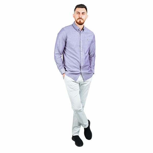 Cotton Oxford Long Sleeve Slim Embroidery Garment Wash Shirt