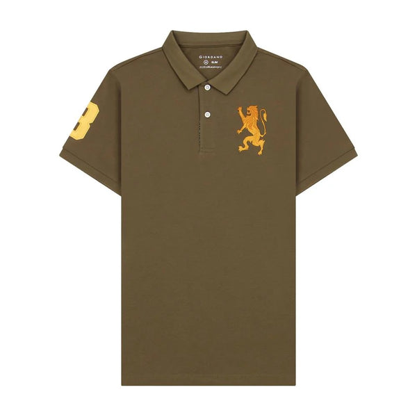 Cotton/Lycra Pique Flat Knitted Collar Short Sleeve Slim Embroidery Lion Polo