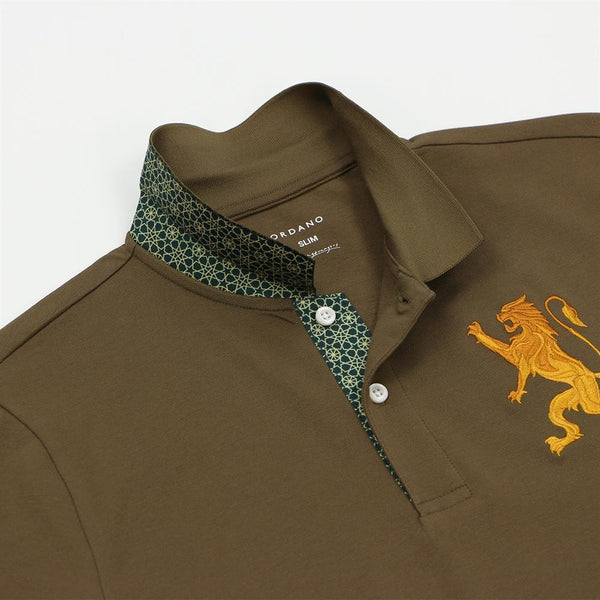 Cotton/Lycra Pique Flat Knitted Collar Short Sleeve Slim Embroidery Lion Polo