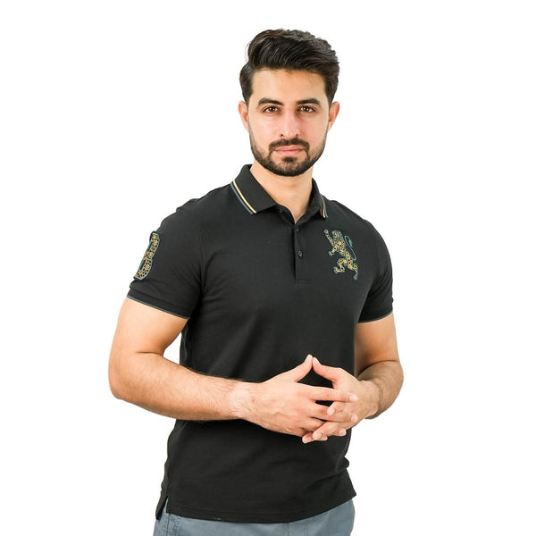 Cotton/Lycra Pique Flat Knitted Collar Short Sleeve Slim Embroidery Lion Polo