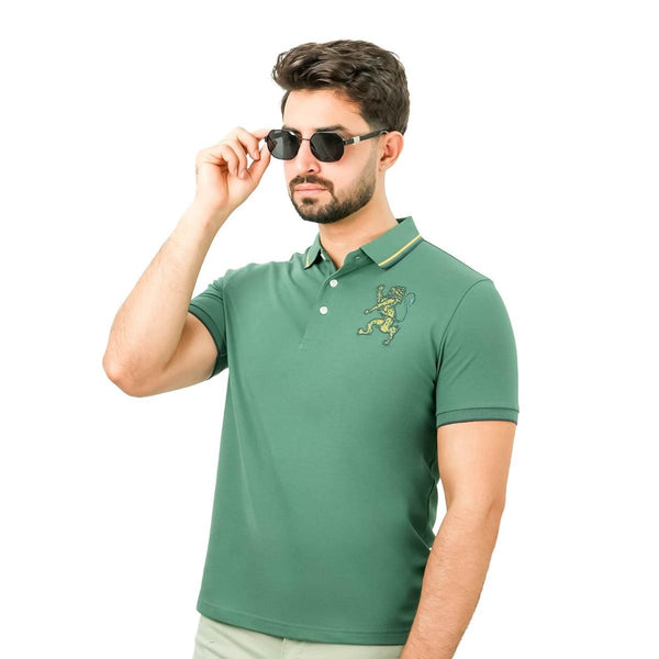 Cotton/Lycra Pique Flat Knitted Collar Short Sleeve Slim Embroidery Lion Polo