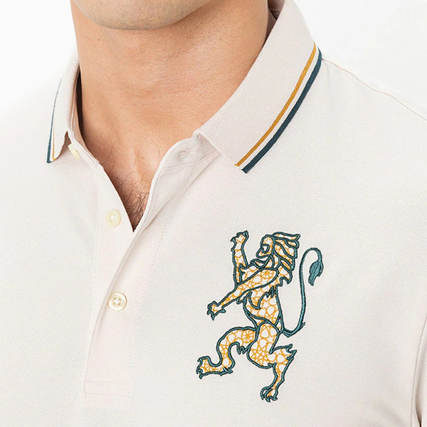Cotton/Lycra Pique Flat Knitted Collar Short Sleeve Slim Embroidery Lion Polo