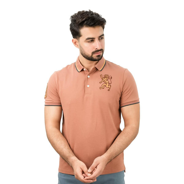 Cotton/Lycra Pique Flat Knitted Collar Short Sleeve Slim Embroidery Lion Polo
