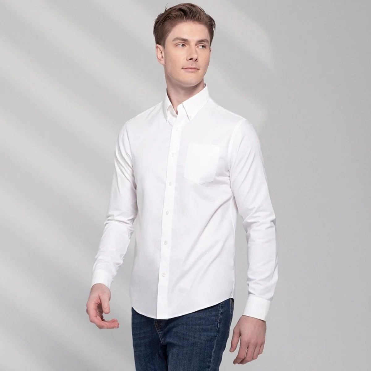 قميص قطني من الفلانيل الأكسفورد بأكمام طويلة وقصة عادية مقاومة للتجاعيد (ممتاز)