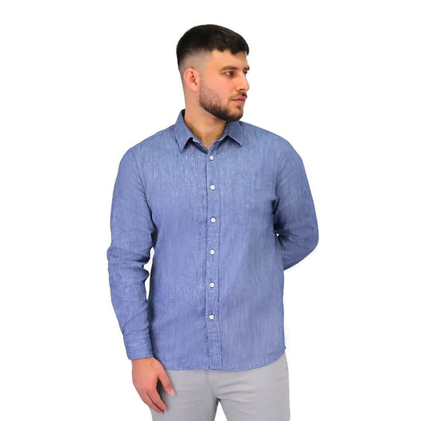 Linen/Cotton Poplin Flannel Long Sleeve Slim Garment Wash Shirt (Linen)