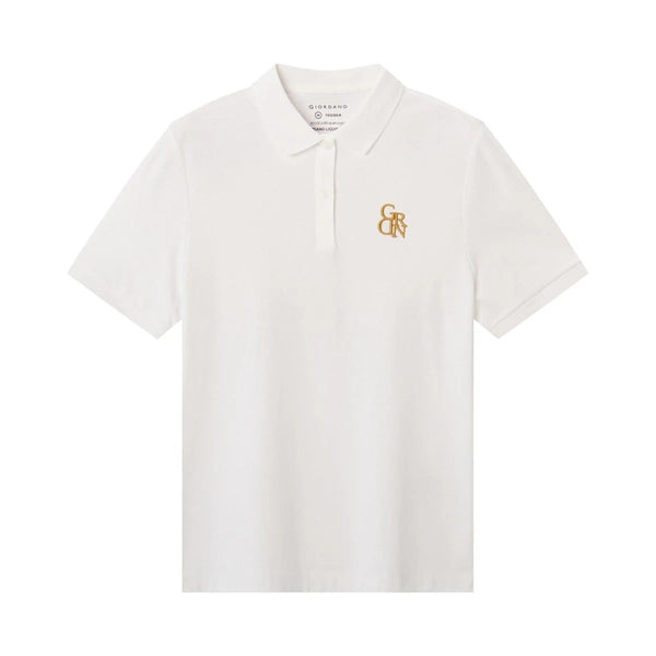 Women Cotton Interlock Flat Knitted Collar Short Sleeve Embroidery Solid Polo