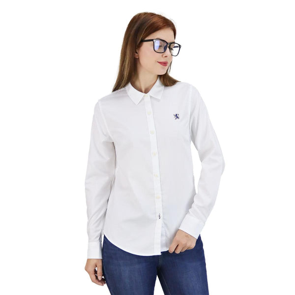 Women Cotton Oxford Collar Long Sleeve Slim Embroidery Garment Wash Shirt