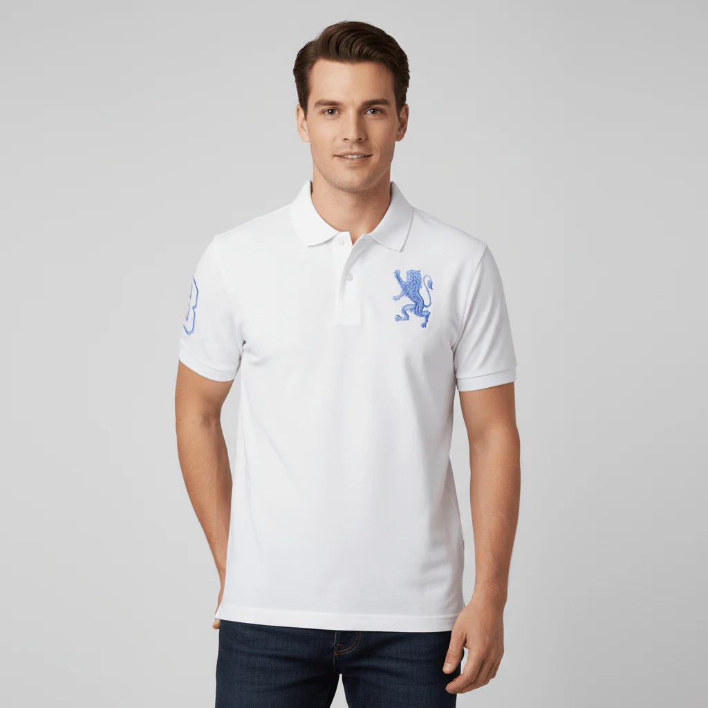 Men's Slim Fit 3D Lion Embroidery Lycra Pique Polo