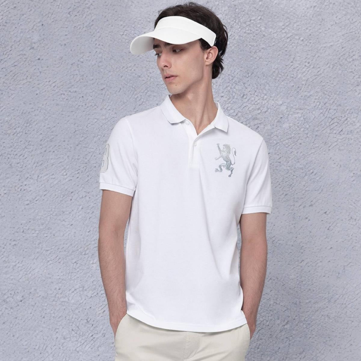 Cotton/Lycra Pique Flat Knitted Collar Short Sleeve Slim Embroidery Lion Polo