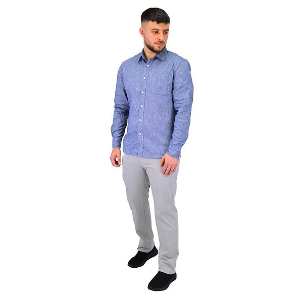 Linen/Cotton Poplin Flannel Long Sleeve Slim Garment Wash Shirt (Linen)