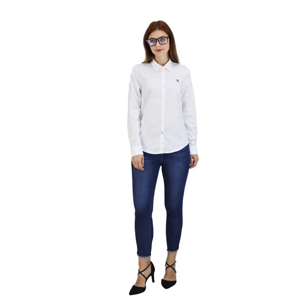 Women Cotton Oxford Collar Long Sleeve Slim Embroidery Garment Wash Shirt