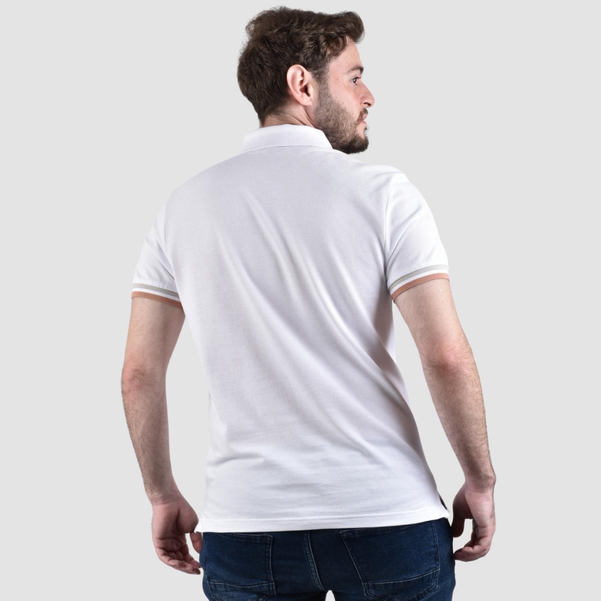 قميص بولو قطني بيكيه بياقة محبوكة مسطحة وأكمام قصيرة مطرزة بلون موحد (قميص بولو رياضي)