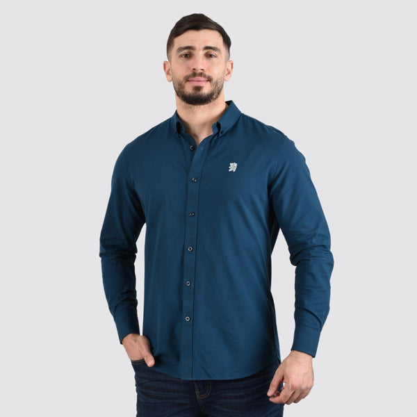 Cotton Oxford Long Sleeve Slim Embroidery Garment Wash Shirt