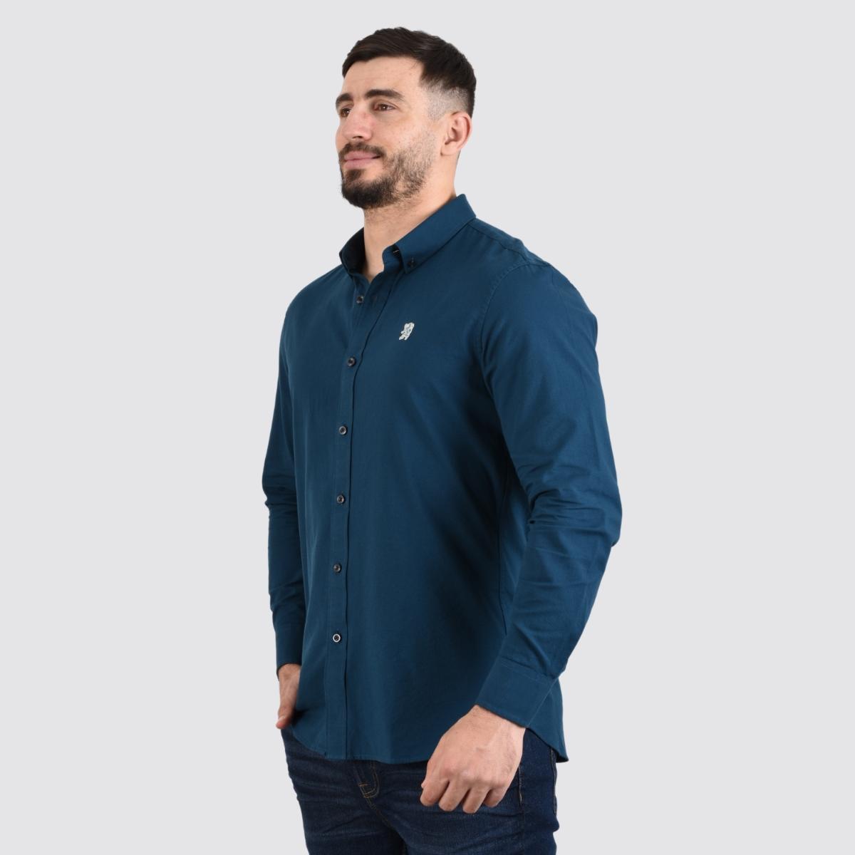 قميص قطني أكسفورد بأكمام طويلة وقصة ضيقة مطرزة، قابل للغسل