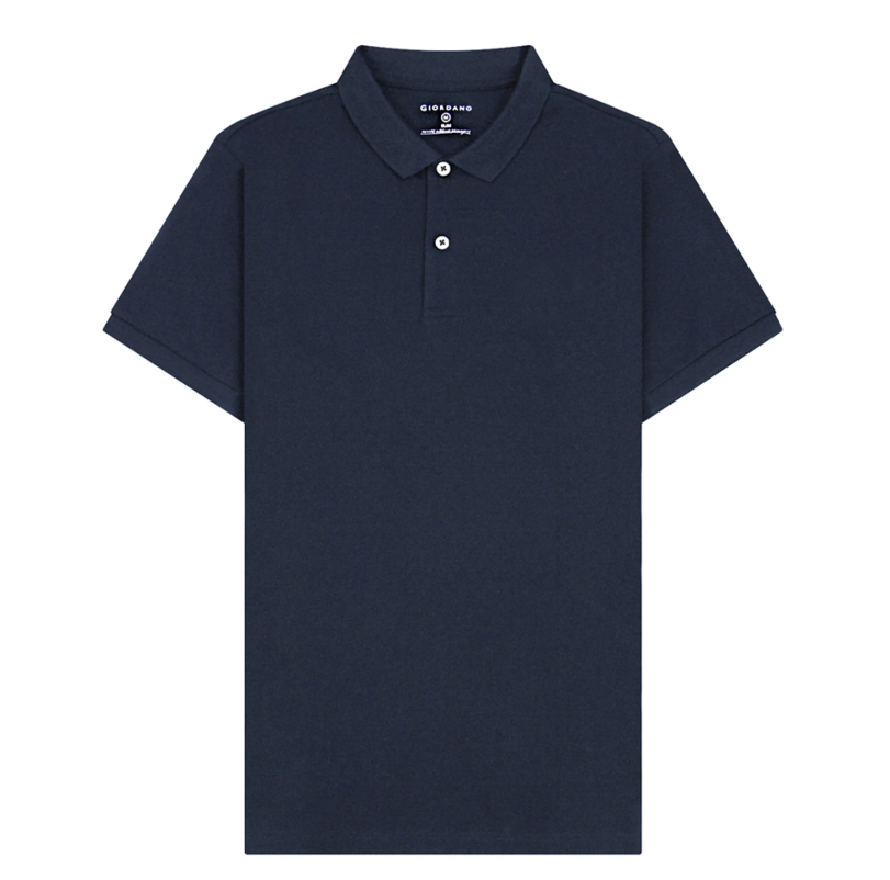 قميص بولو قطني/ليكرا بيكيه بياقة محبوكة وأكمام قصيرة وقصة ضيقة بلون موحد