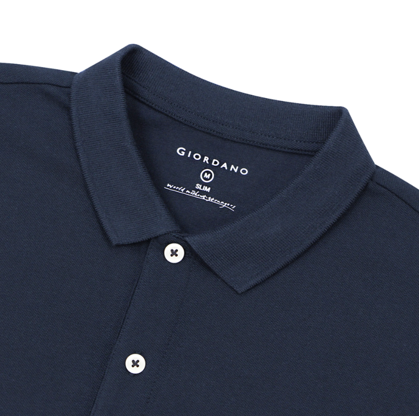 قميص بولو قطني/ليكرا بيكيه بياقة محبوكة وأكمام قصيرة وقصة ضيقة بلون موحد