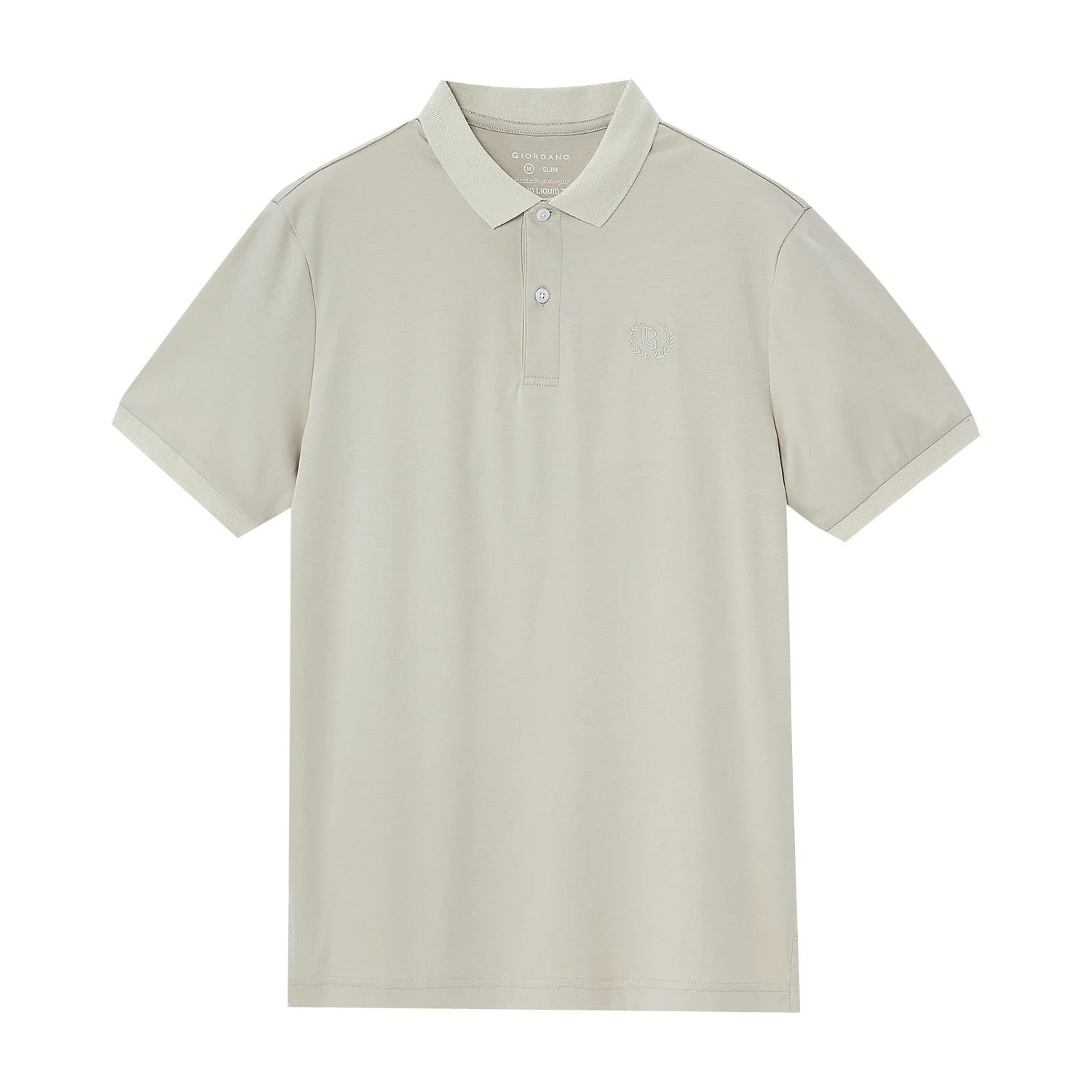 قميص بولو قطني محبوك مسطح بياقة وأكمام قصيرة وتطريز ضيق بلون سادة (ملمس سائل)