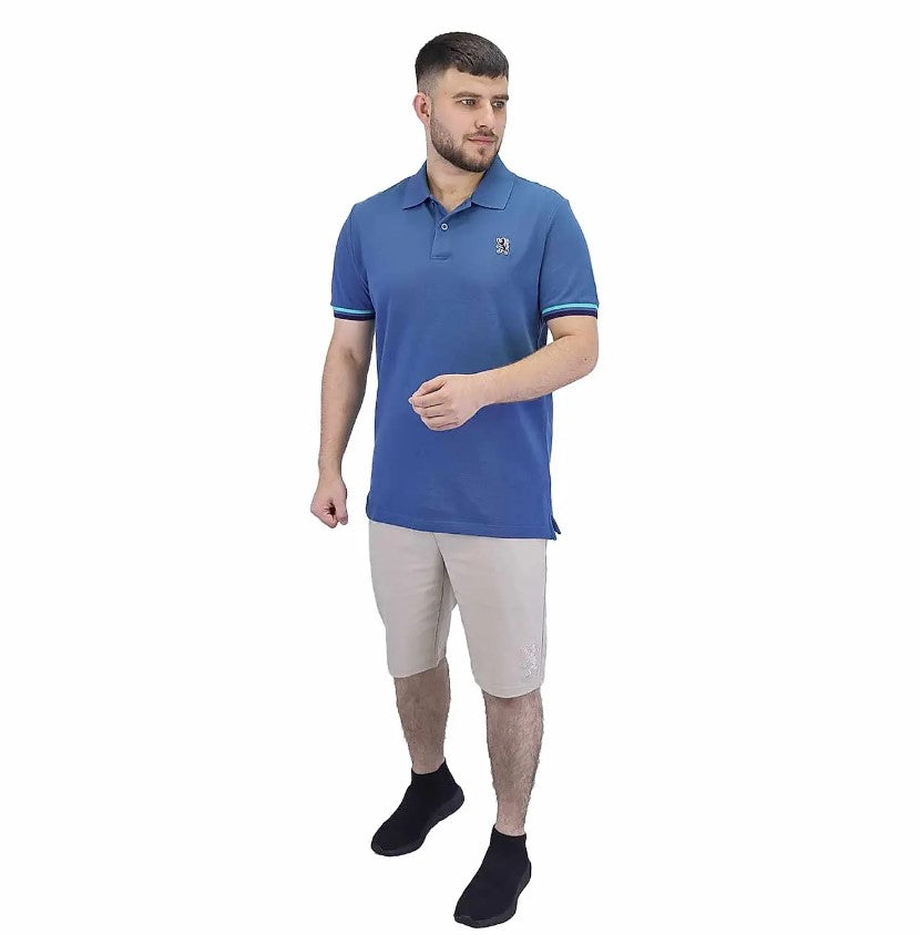 قميص بولو قطني بيكيه بياقة محبوكة مسطحة وأكمام قصيرة مطرزة بلون موحد (قميص بولو رياضي)