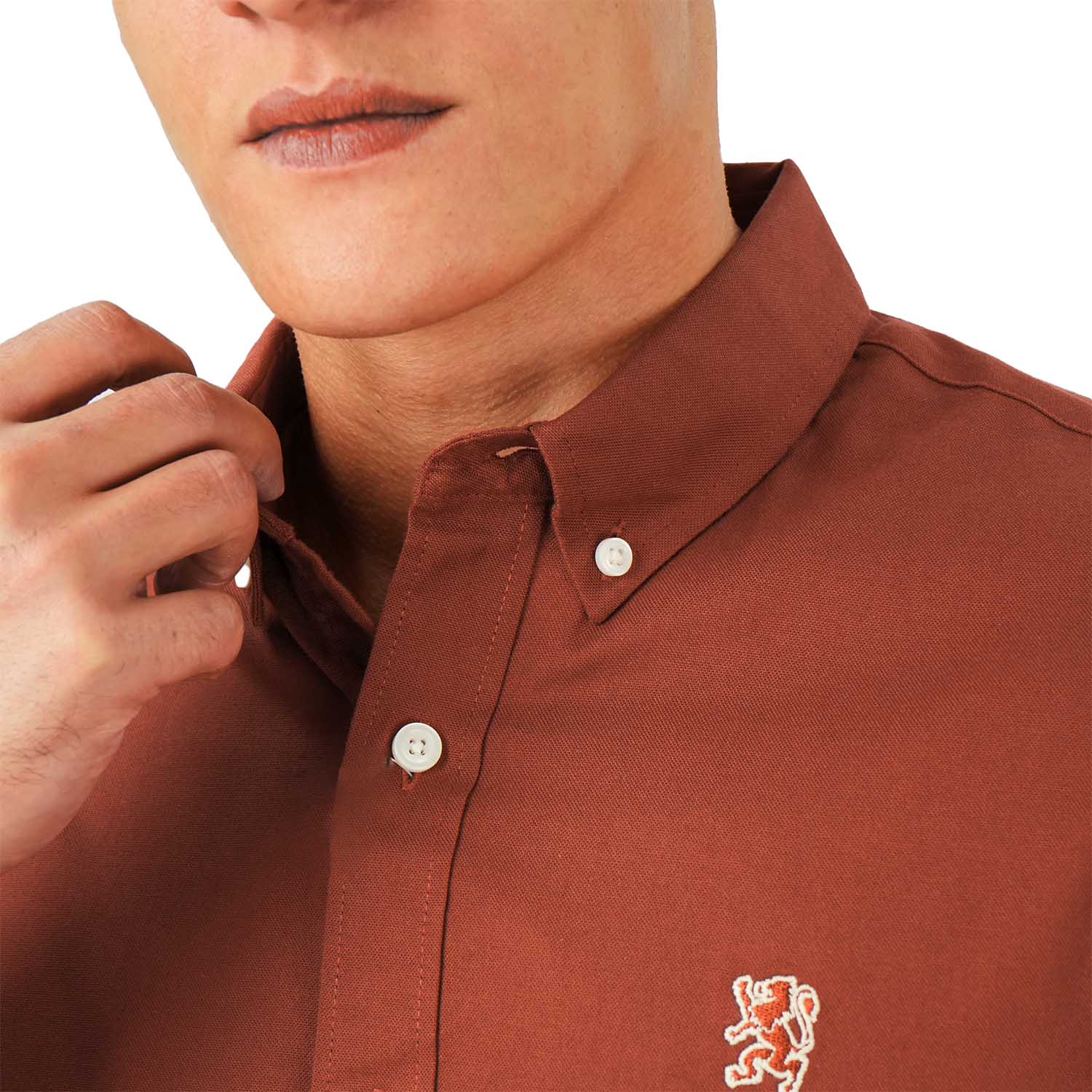 قميص قطني أكسفورد فلانيل بأكمام طويلة وقصة ضيقة مطرزة، قابل للغسل