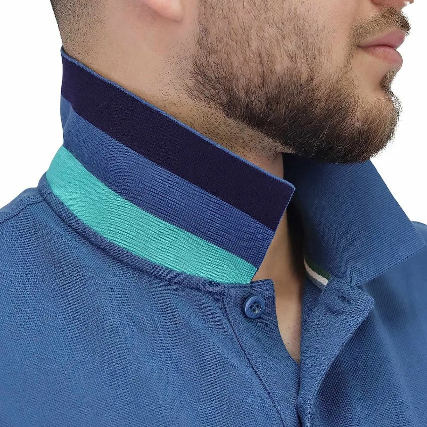 قميص بولو قطني بيكيه بياقة محبوكة مسطحة وأكمام قصيرة مطرزة بلون موحد (قميص بولو رياضي)