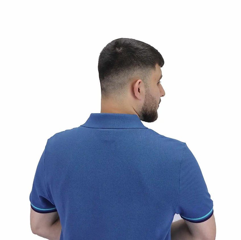 قميص بولو قطني بيكيه بياقة محبوكة مسطحة وأكمام قصيرة مطرزة بلون موحد (قميص بولو رياضي)