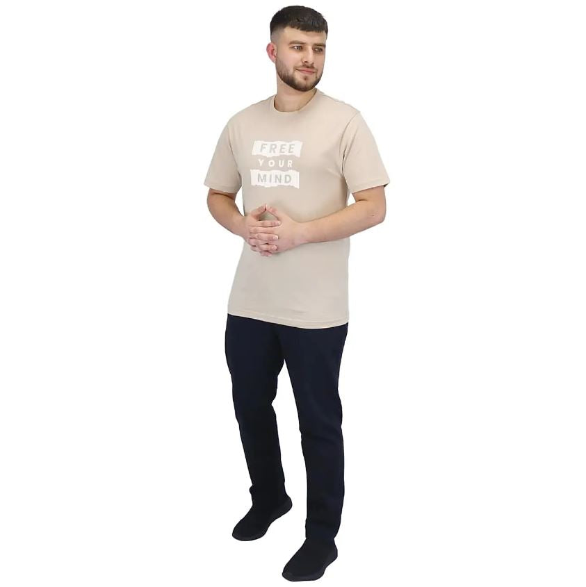 تيشيرت قطني مطبوع بأكمام قصيرة ورقبة دائرية وياقة دائرية