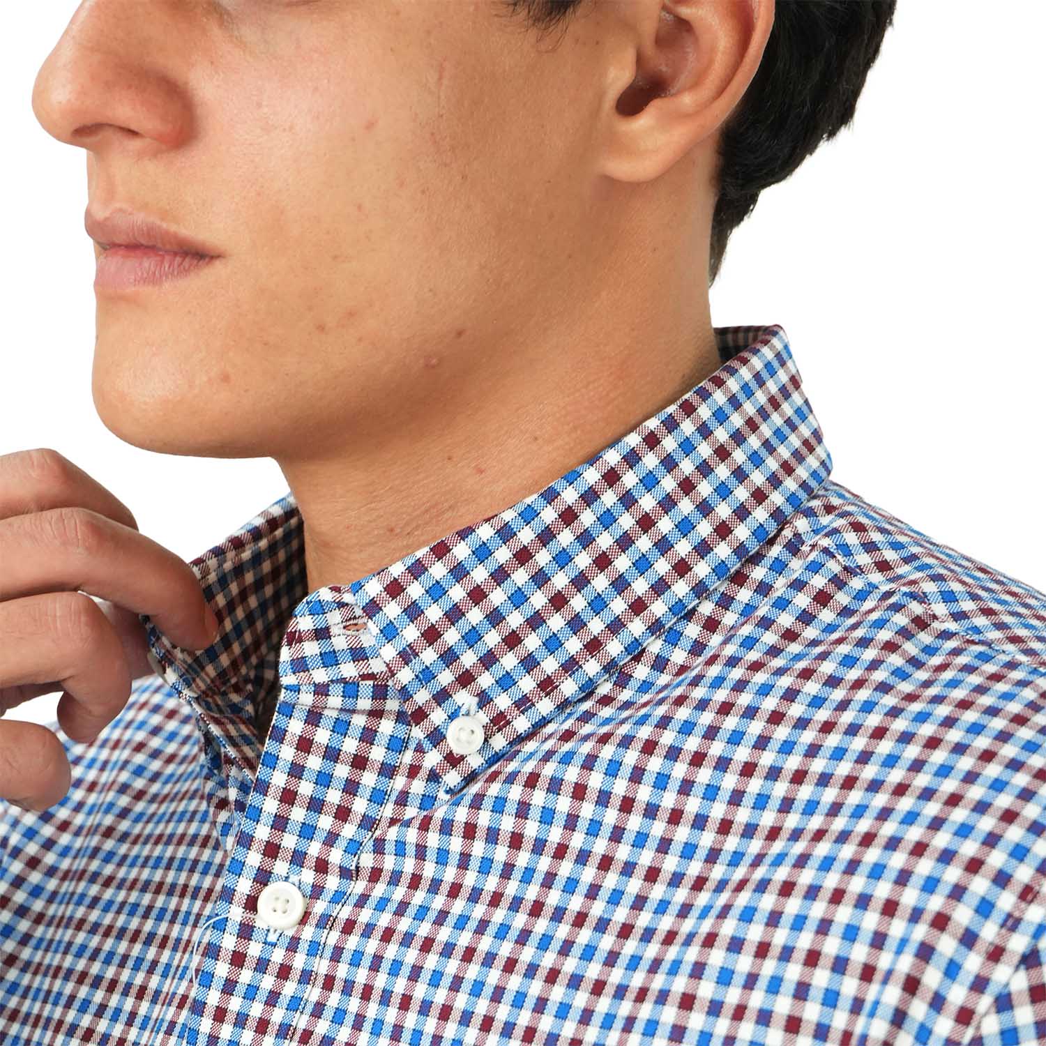 قميص قطني أكسفورد فلانيل بأكمام طويلة وقصة ضيقة مطرزة، قابل للغسل