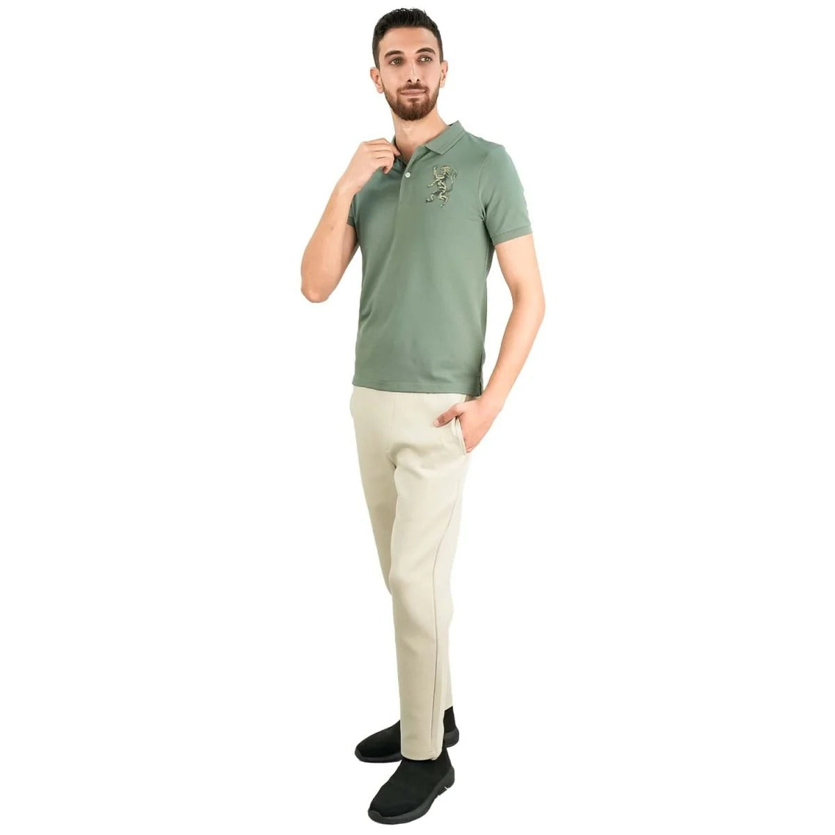 Cotton/Lycra Pique Flat Knitted Collar Short Sleeve Slim Embroidery Lion Polo