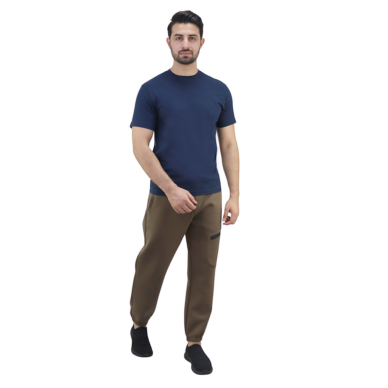 تيشيرت قطني ضيق بأكمام قصيرة ورقبة دائرية وياقة دائرية