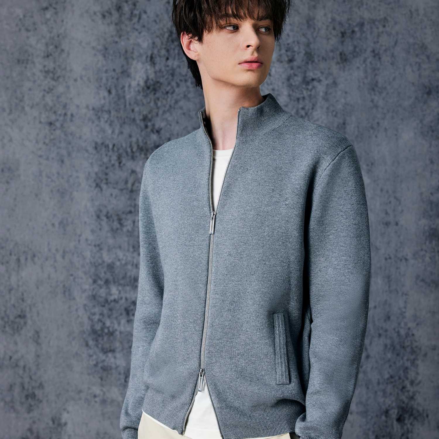 Men's Texture Stitch Mock Neck Long Sleeve Full Zipper Cardigan