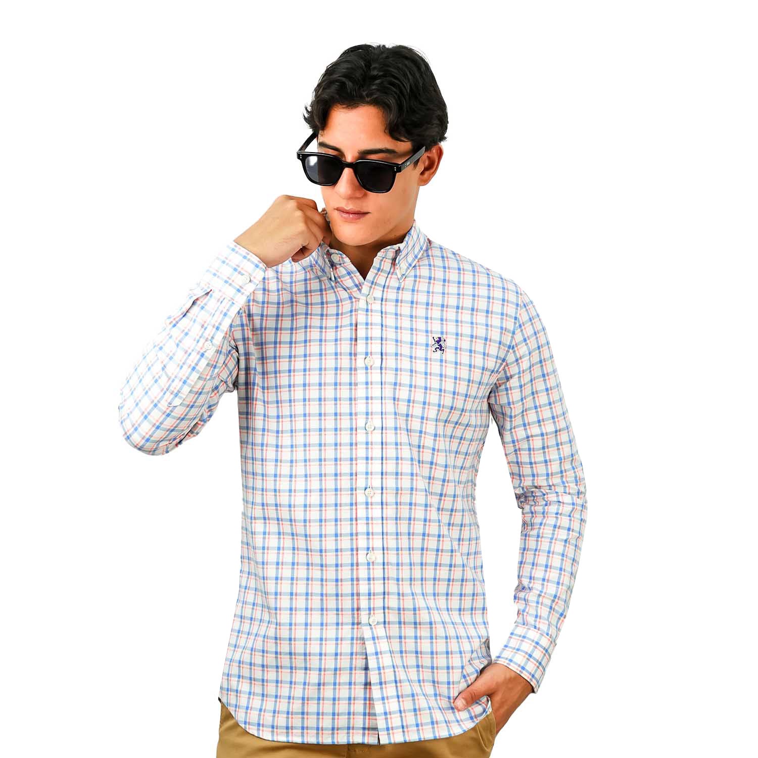 قميص قطني أكسفورد فلانيل بأكمام طويلة وقصة ضيقة مطرزة، قابل للغسل