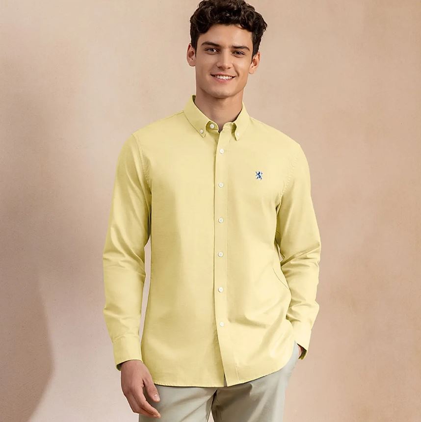 قميص قطني أكسفورد بأكمام طويلة وقصة ضيقة مطرزة، قابل للغسل