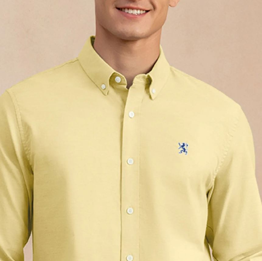 قميص قطني أكسفورد بأكمام طويلة وقصة ضيقة مطرزة، قابل للغسل