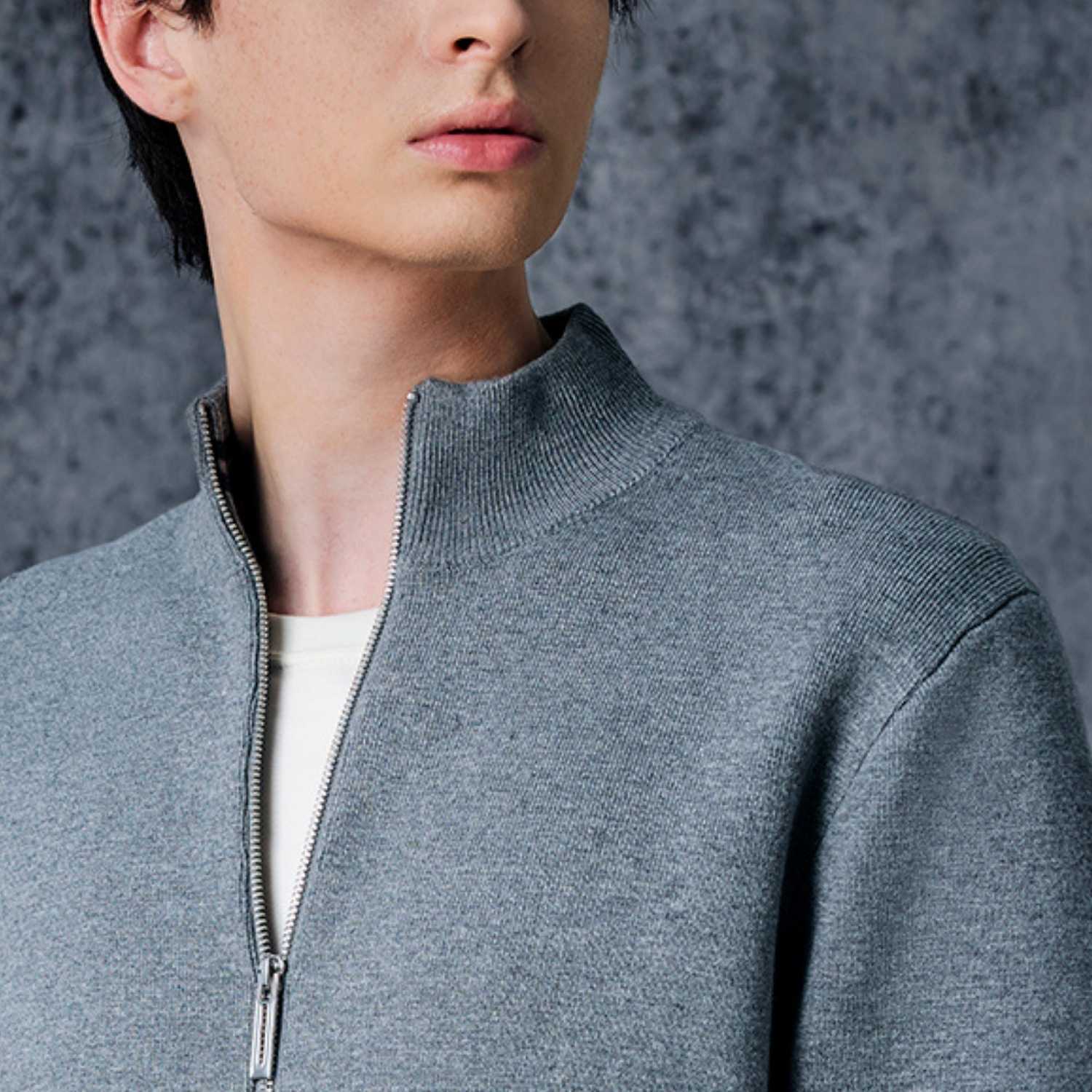 Men's Texture Stitch Mock Neck Long Sleeve Full Zipper Cardigan