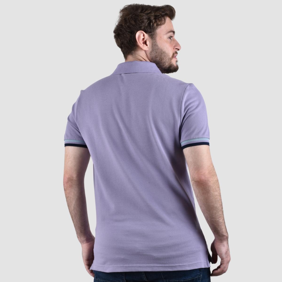 قميص بولو قطني بيكيه بياقة محبوكة مسطحة وأكمام قصيرة مطرزة بلون موحد (قميص بولو رياضي)