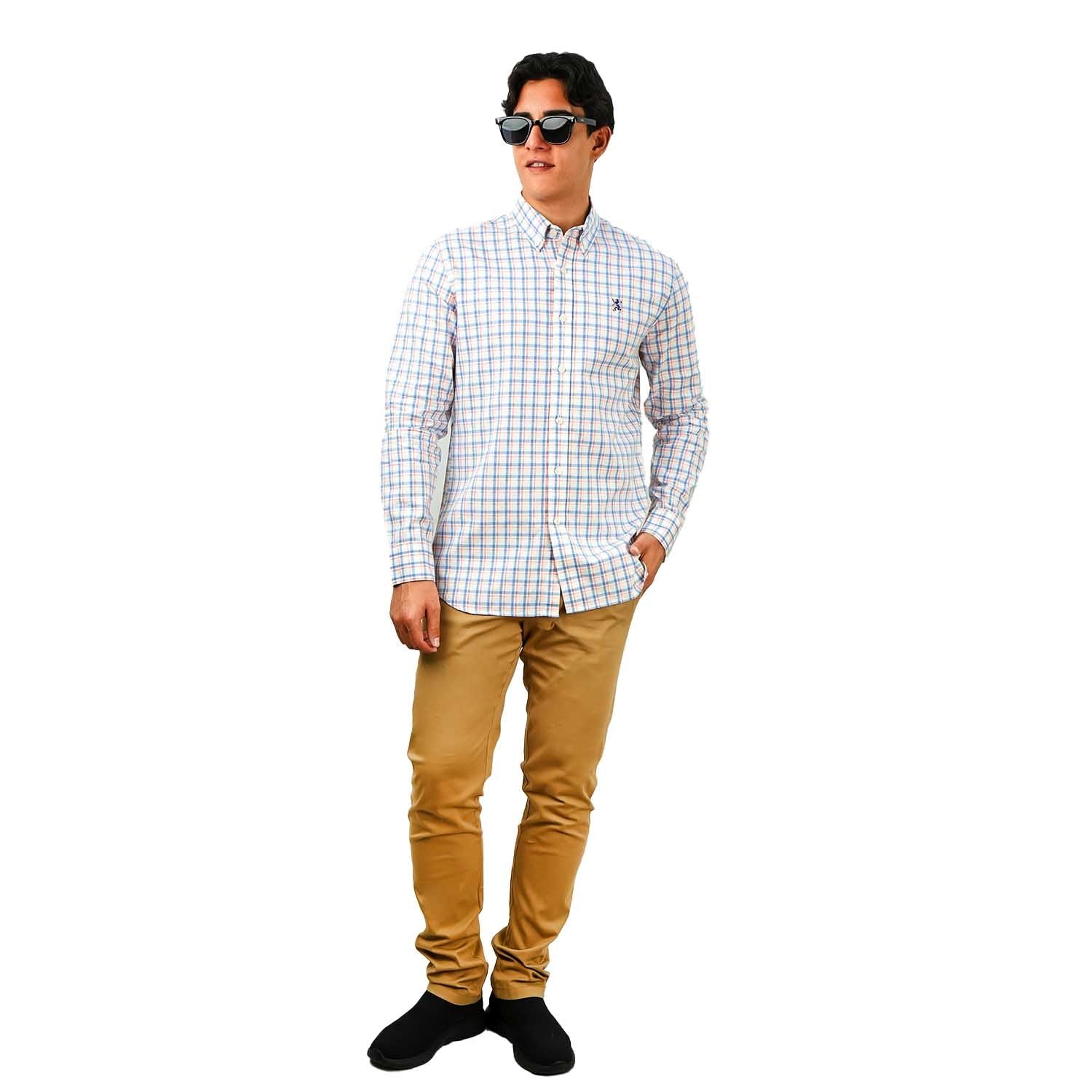 قميص قطني أكسفورد فلانيل بأكمام طويلة وقصة ضيقة مطرزة، قابل للغسل