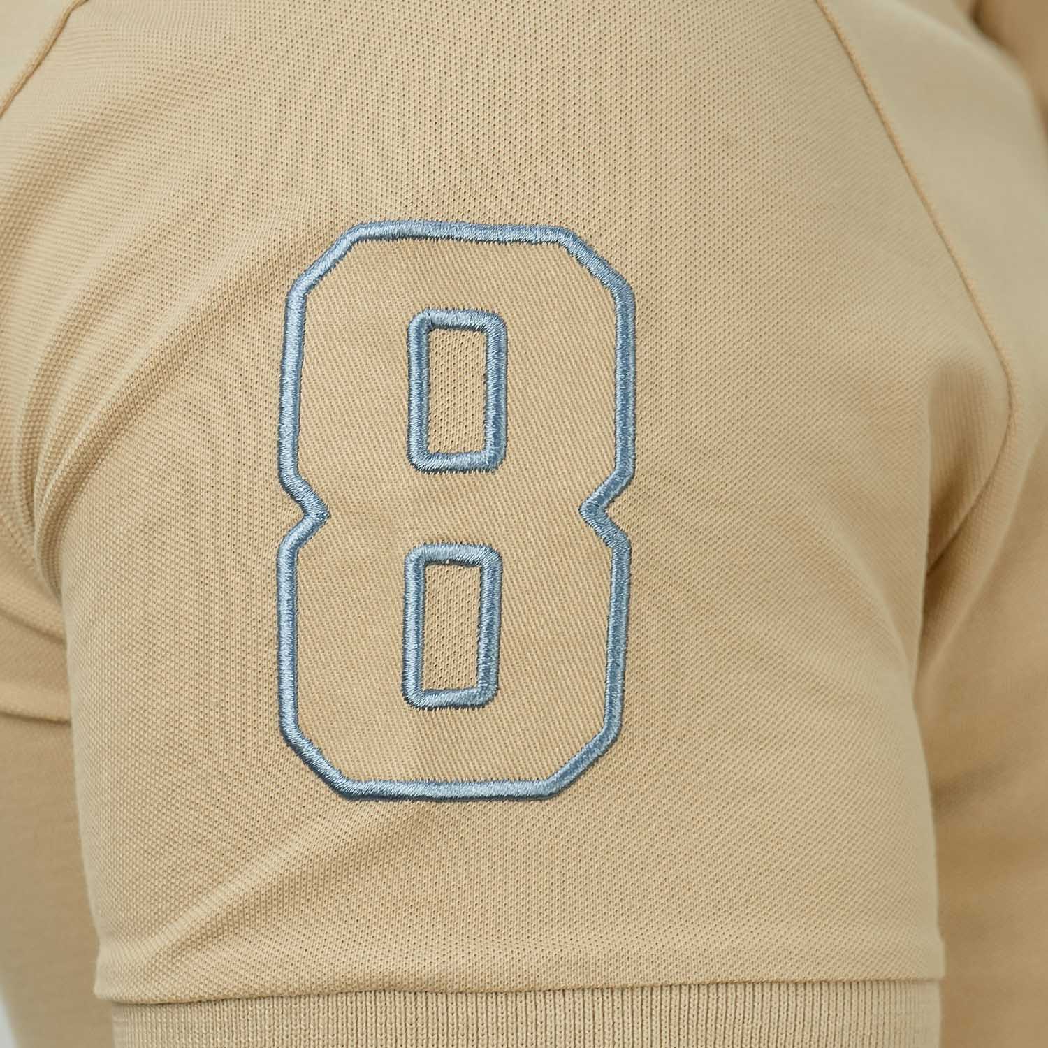 قميص بولو نابليون قصير الأكمام مطرز بتطريز رفيع، مصنوع من قماش البيكيه القطني/الليكرا، بياقة محبوكة مسطحة