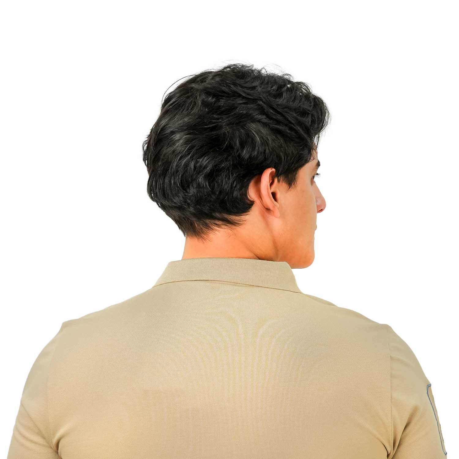 قميص بولو نابليون قصير الأكمام مطرز بتطريز رفيع، مصنوع من قماش البيكيه القطني/الليكرا، بياقة محبوكة مسطحة