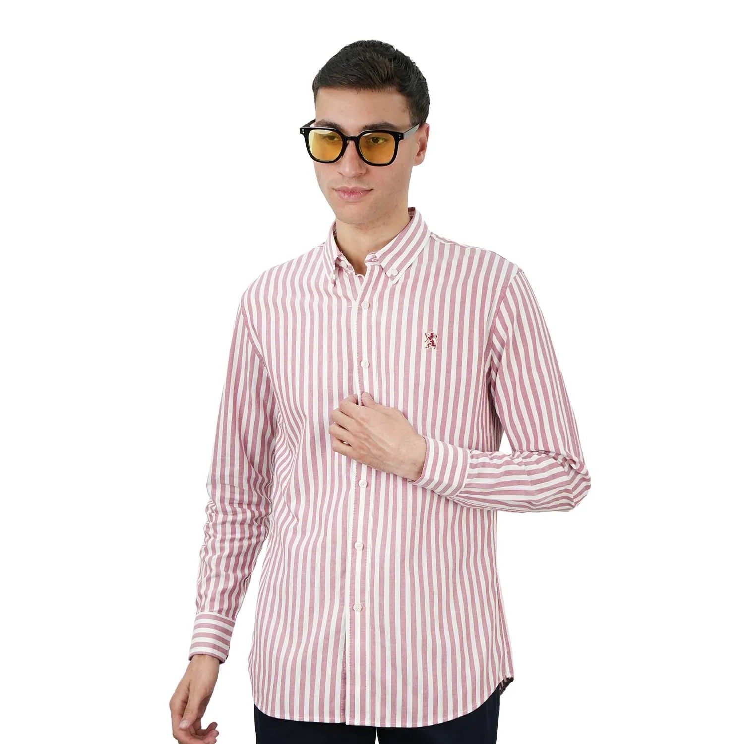 قميص قطني أكسفورد فلانيل بأكمام طويلة وقصة ضيقة مطرزة، قابل للغسل