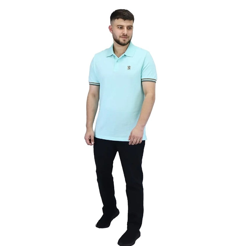 قميص بولو قطني بيكيه بياقة محبوكة مسطحة وأكمام قصيرة مطرزة بلون موحد (قميص بولو رياضي)