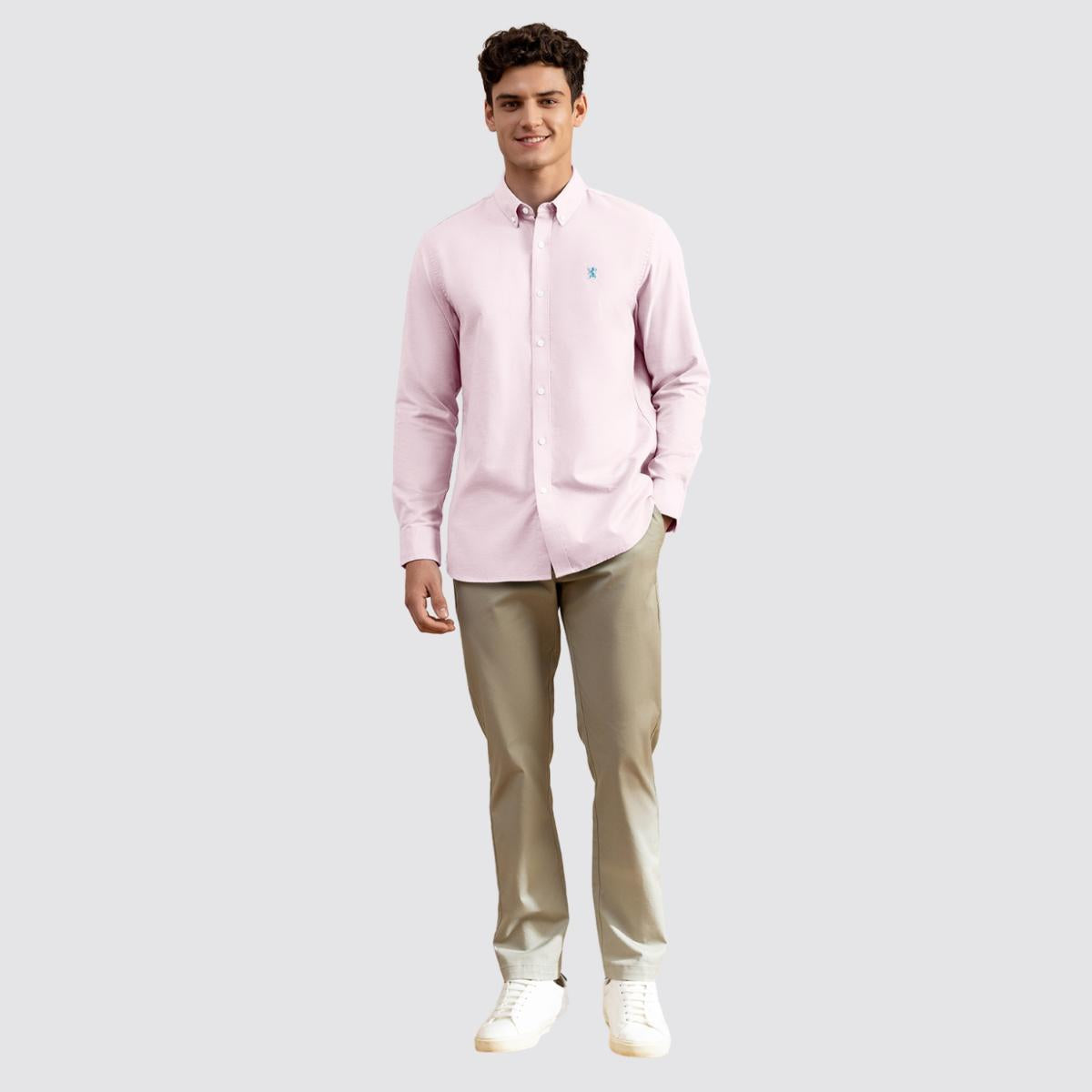 قميص قطني أكسفورد بأكمام طويلة وقصة ضيقة مطرزة، قابل للغسل