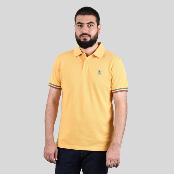 Cotton Pique Knitted Collar Short Sleeve Tapered Embroidery Polo (Solid Lion)